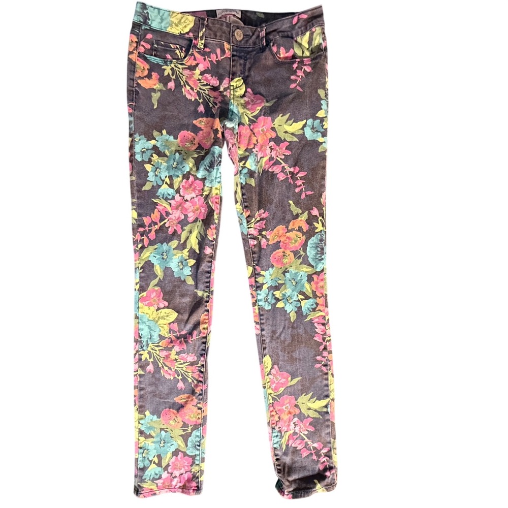 Aeropostale Floral Skinny Jeans 11/12 Black Multicolor Stretch Denim